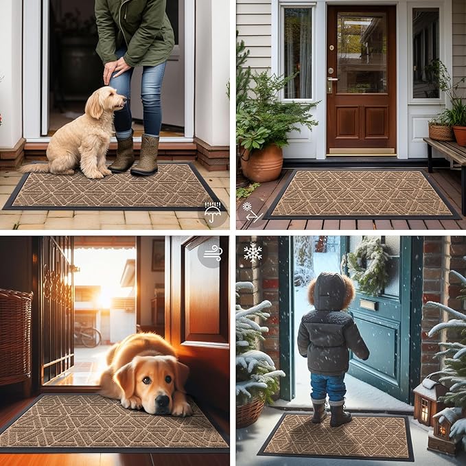 Smiry Front Door Mat Outside Entrance, Heavy Duty Sturdy Natural Rubber Doormat, Trap Dirt and Moisture, Easy Clean Low Profile Mats for Indoor Outdoor Entry, Grid Geometric (35x23, Coffee)