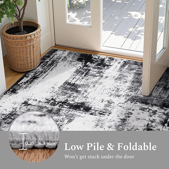 Rugflix 8x10 Area Rugs for Living Room, Black Grey Large Rug Stain-Resistant Low Pile, Big Washable Dark Carpet Non-Slip for Bedroom Dining Room Home Office Nursery Room
