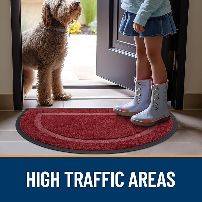 OLANLY Half Circle Door Mat Indoor Outdoor Entrance Welcome, Waterproof All-Season, All-Weather Doormat, Sturdy Natural Rubber, Low Profile, Easy Clean Patio Porch Entryway Mat, 29.5x17, Wine Red