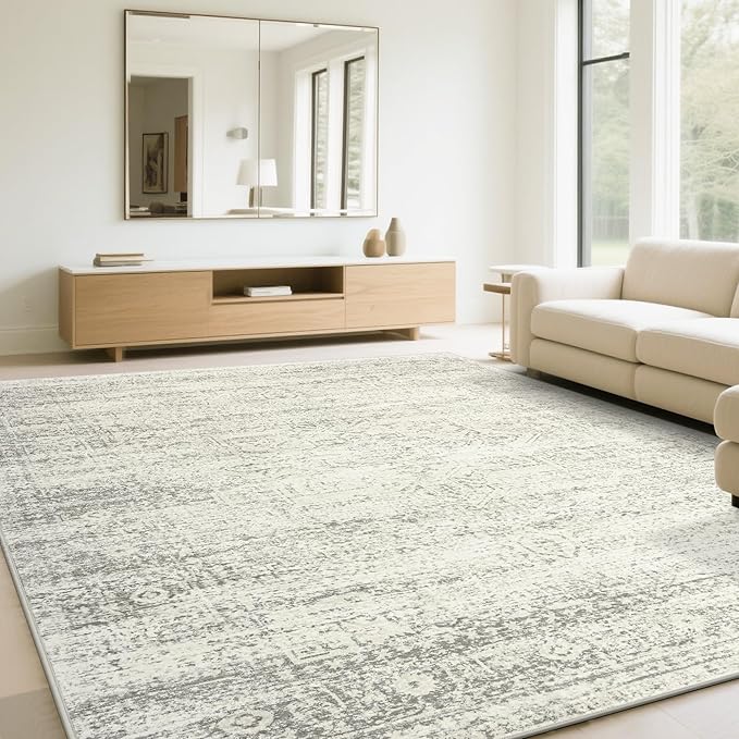 Washable Rugs 6x9 Area Rugs for Living Room,Bedroom,Dining Room- Large Ultra Soft Faux Wool Retro Carpets,Non Slip&Non-Shedding Low Pile Vintage Print Rug for Home Office Decor-Beige