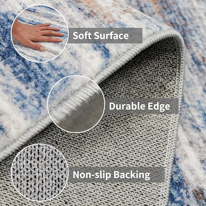 2x8 Washable Runner Rug for Family: Easy-to-Clean Runners for Hallway Entryway Bedroom - Stain and Water Resistant Rugs with Non-Slip Backing - Soft Low-Pile Carpet Navy Grey