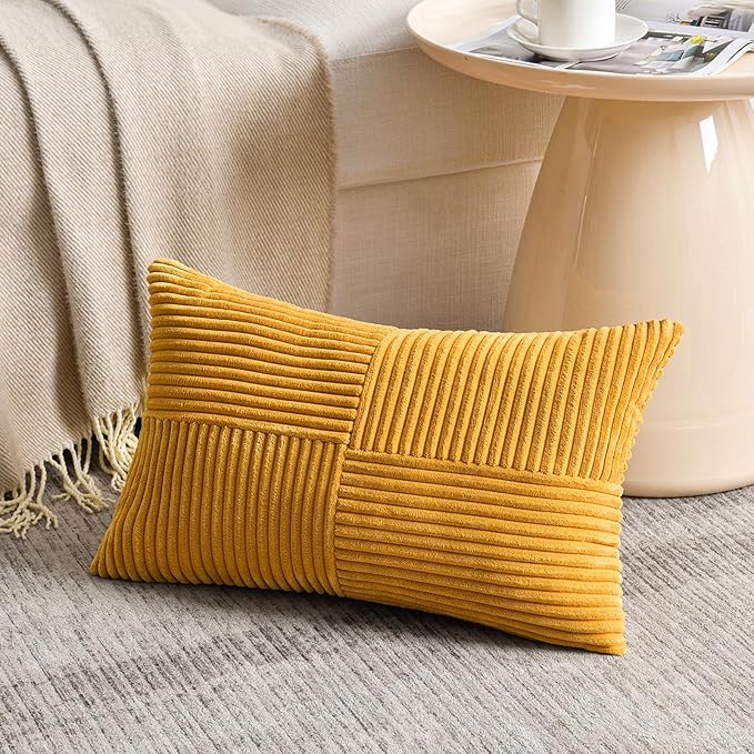Fancy Homi 2 Packs Gold Yellow Lumbar Decorative Throw Pillow Covers 16x32 Inch for Couch Bed Sofa, Rustic Farmhouse Boho Spring Home Decor, Soft Striped Corduroy Rectangle Accent Cushion Case 40x80cm