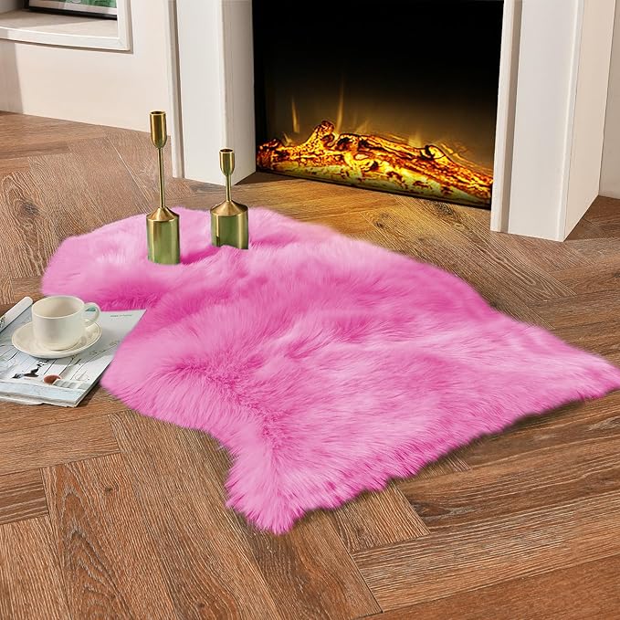 duduta Hot Pink Faux Sheepskin Throw Rug 2x3 ft, Fluffy Shag Rug for Bedroom Dorm Kids Room Fur Seat Chair Covers Non Slip