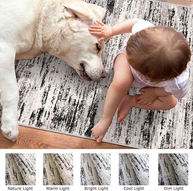 Lansny Modern Abstract Hallway Runner Rug, White Black Grey Taupe Washable Kitchen Runner Non-Slip Soft 2x8 Runner Rug Thin Print Faux Wool Carpet for Entryway Bedroom Laundry Room Indoor Home Decor