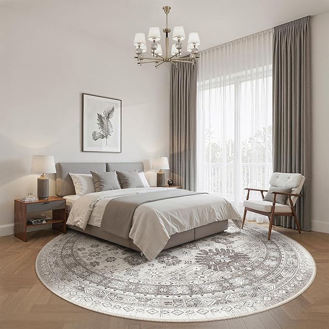 zesthome 8ft Round Rugs for Living Room, Non-Slip Washable Round Area Rugs, Ultra-Thin Large Circle Rugs, Soft Low Pile Rug for Bedroom, Kitchen - Vintage Stain Resistant Round Rug (Brown/Beige,8'x8')
