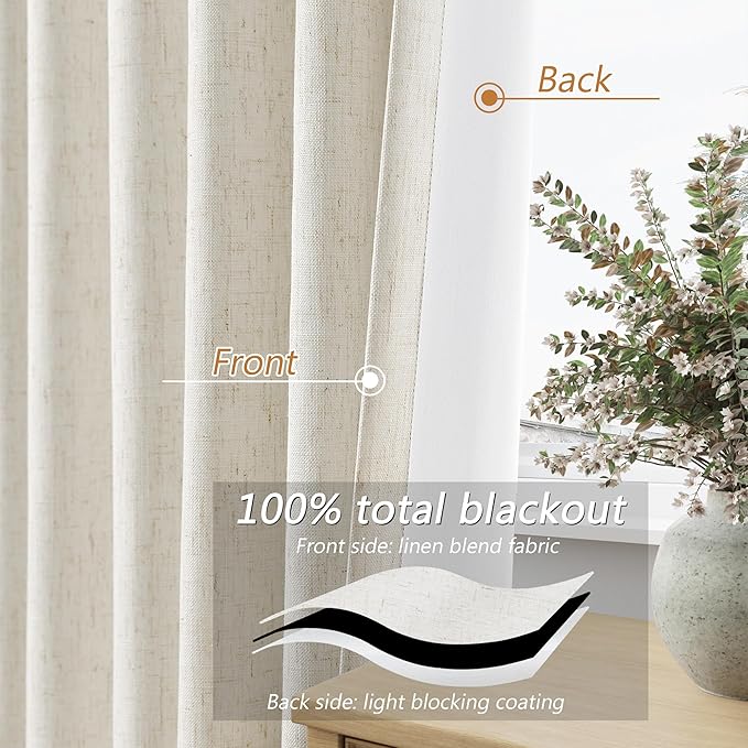 Guken Cream 100% Blackout Linen Curtains 80 Inch Length 2 Panels Set for Living Room Bedroom Back Tab Thermal Insulated Black Out Drapes Room Darkening Farmhouse Style Window Curtains 52x80