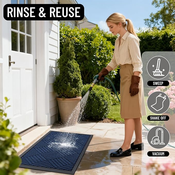 OLANLY Front Door Mat Outside Entrance 47x23, Absorbent, Heavy Duty Sturdy Natural Rubber Doormat Indoor Outdoor, Stain Fade Resistant, Non-Slip Low Profile Floor Mat for Entryway, Navy Blue Diamond