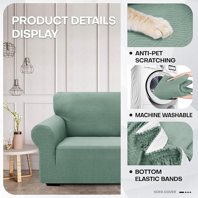 ZNSAYOTX 1 Piece Jacquard Couch Covers for 3 Cushion Couch Living Room High Stretch Sofa Cover Pets Dogs Friendly Anti Slip Thickened Slipcovers Furniture Protector (Large,New Pattern Pea Green)