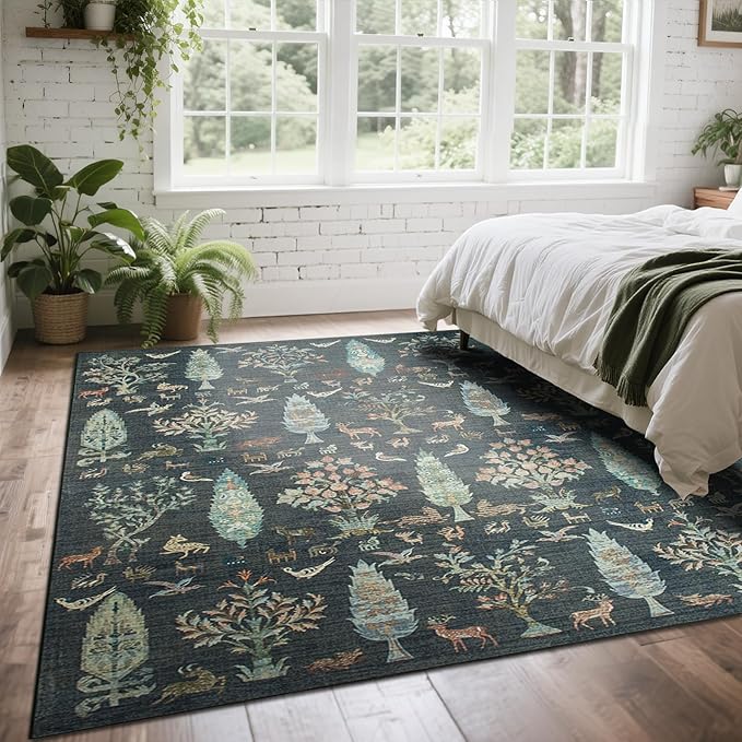 Washable Rugs 8x10 Area Rugs for Living Room,Bedroom,Dining Room- Large Ultra Soft Faux Wool Retro Carpet,Non Slip&Non-Shedding Low Pile Vintage Print Rug for Home Office Dorm-Dark Green