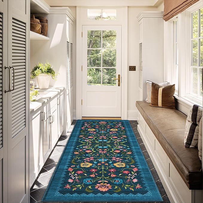 GarveeHome Floral Rug 2x6 Runners for Hallways, Boho Kitchen Runner Rugs Non Slip Bath Runners, Vintage Washable Runner Rug for Bedroom, Soft Long Rugs for Entryway Bathroom Laundry Dorm, Blue