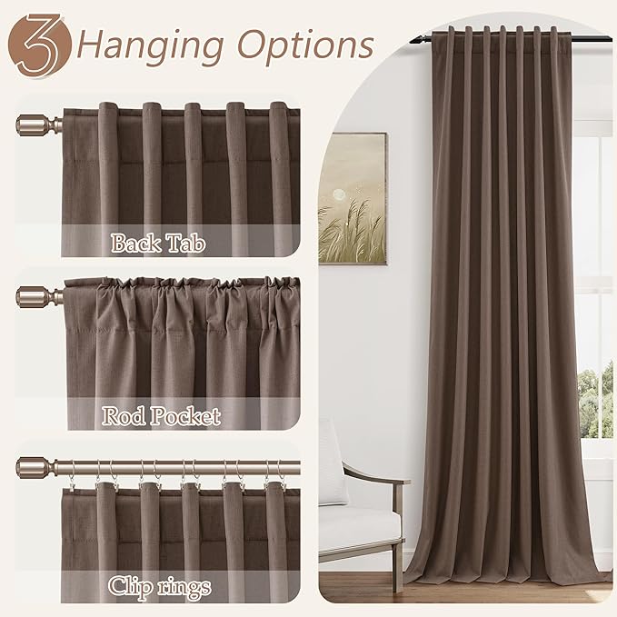 Guken 100% Blackout Curtains 108 Inch Length 2 Panels Set for Living Room Bedroom Back Tab Thermal Insulated Black Out Linen Drapes Room Darkening Mocha Mousse,52x108