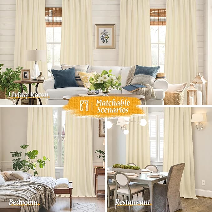LAMIT Beige Linen Curtains 84 inches for Bedroom, Faux Linen Textured Light Filtering Drapes Rod Pocket Boho Burlap Semi Sheer Panels for Farmhouse/Living Room, 2 Panels, 52 x 84 Inch, Beige
