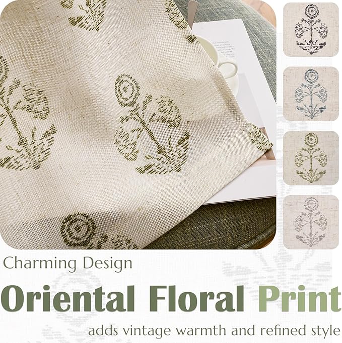 jinchan Linen Floral Curtains for Living Room 84 Inch Length Green Flower Cottage Core Farmhouse Curtains Rod Pocket Back Tab Boho Semi Sheer Window Drapes Bedroom Set 2 Panels Green on Beige