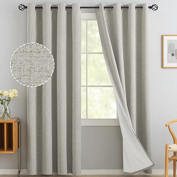 Yakamok Oatmeal Linen Curtains 100% Blackout 84 Inches Long,Room Darkening Textured Curtains for Living Room Thermal Grommet Bedroom Curtains 2 Panels with White Liner