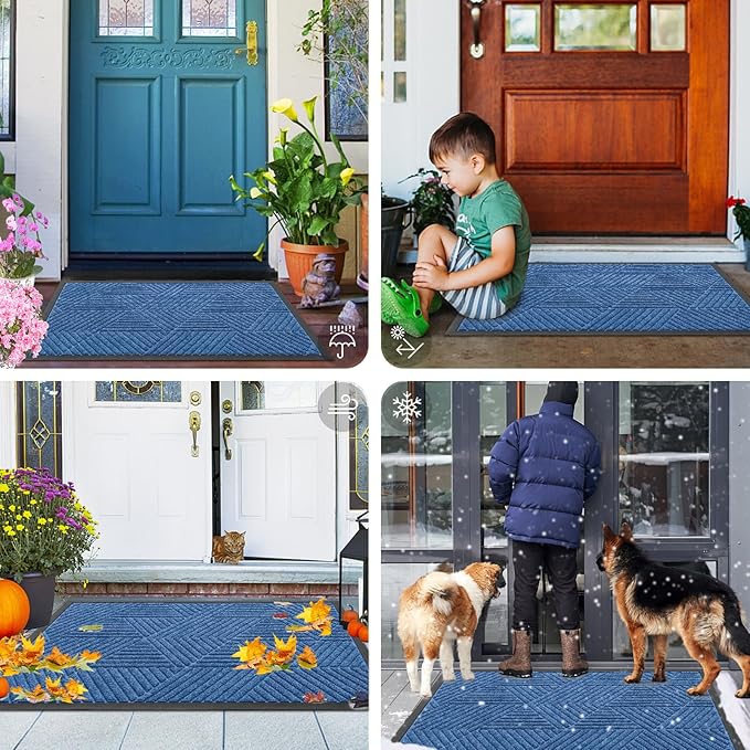 Smiry Front Door Mat Outside Entrance, Heavy Duty Sturdy Natural Rubber Doormat, Trap Dirt and Moisture, Easy Clean Low Profile Welcome Floor Mats for Indoor Outdoor Entry, 47x23 Inch, Blue