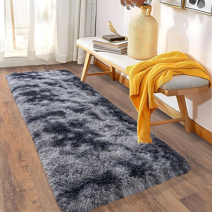 Ultra Soft Runner Rugs for Bedroom Hallways with Upgraded Non-Slip Rubber Backing & Thick Memory Sponge, 2x8 Feet Fluffy Shag Throw Area Rug for Bedside Dorm Tie-dye Dark Grey