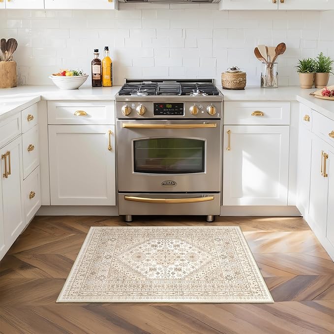 Entryway Rug - 2x3 Washable Rug Runner for Bathroom, Laundry Room, Kitchen, Soft Vintage Hallway Runner for Bedroom, Non-Slip Door Mat Indoor Entrance(Cream/Beige,2'x3')