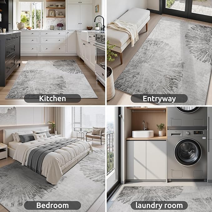 6x9 Area Rugs for Living Room-Machine Washable Rug Ultra Soft Non Slip Area Rug Modern Abstract Dahlia Indoor Carpet Rugs for Bedroom Dining Room Playroom Nursery Bedside Office, Grey