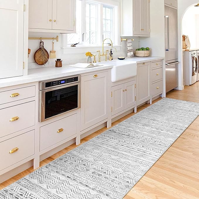 Moroccan Washable Hallway Runner Rug - 2'6"x14' Non Slip Kitchen Rug Rubber Backing Floor Carpet Low Pile Mat Soft Living Room Rug for Entryway Farmhouse Bedroom 2'6"x14' Gray