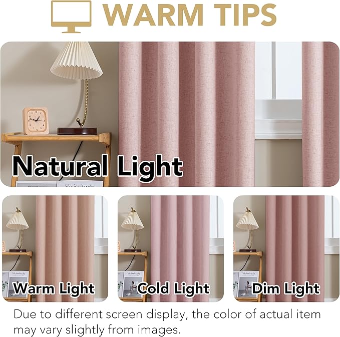 H.VERSAILTEX Linen Curtains 100% Blackout Curtains for Bedroom 45 inch Long Full Light Blocking Nature Linen Blended Window Curtains for Living Room Nickel Grommet (2 Panels, Heathered Baby Pink)