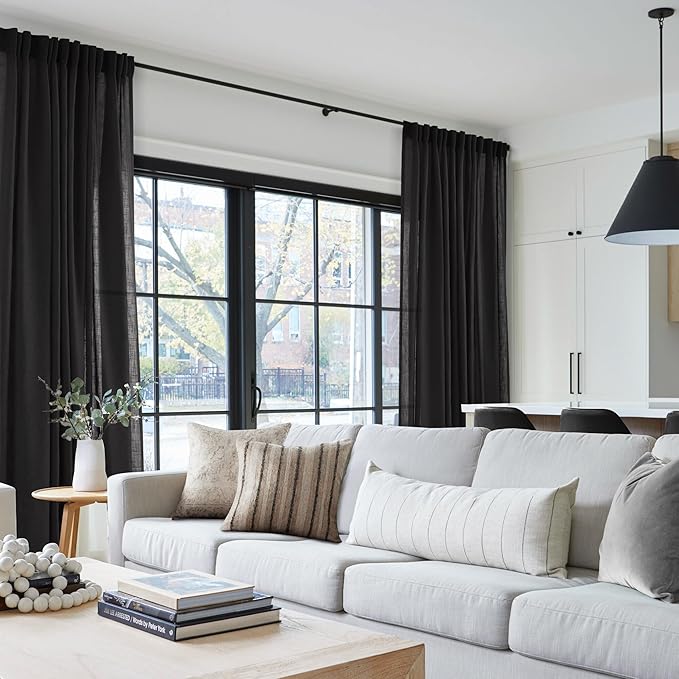 Black Linen Curtains 45 inches Long for Bedroom Back Tab Light Filtering Privacy Semi Sheer Black Curtains Living Room Boho Rustic Farmhouse Cotton Textured Gauze Curtain 2 Panel Set