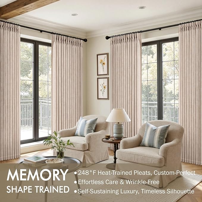 MIULEE Pinch Pleated Thick Linen Curtains 84 Inches Long 2 Panels for Living Room Bedroom, Linen Textured Memory Trained Drapes Pleat Back Tab Light Filtering Sand Beige Window Curtains with Hooks