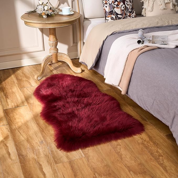 EasyJoy Ultra Soft Fluffy Shaggy Area Rug Faux Fur Rug Chair Cover Seat Pad Fuzzy Area Rug for Bedroom Floor Sofa Living Room (2 x 4 ft Sheepskin, Burgundy)
