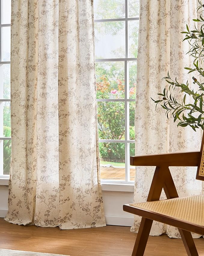 Lazzzy Farmhouse Linen Curtains Extra Long Taupe Floral Curtains 108 Inch Length Back Tab Drapes for Living Room Bedroom Light Filtering Country Vintage Rod Pocket, 2 Panels, Taupe on Beige