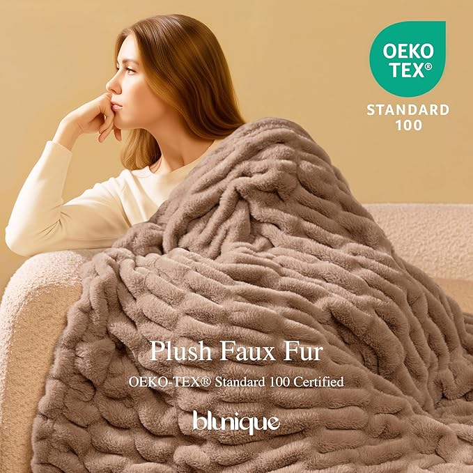 Ultra Soft Cozy Faux Fur Throw Blanket, Fuzzy Plush Thick Bubble Blanket, Oversize Luxury Fluffy Blanket for Couch, Sofa, Bedroom, and Living Room,50x60 Inches,Double Sided Light Brown