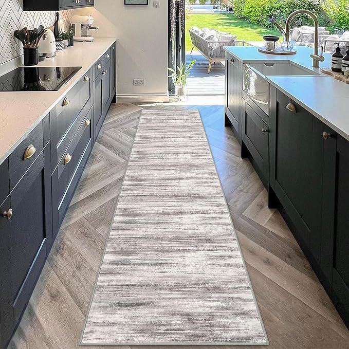 KOZYFLY Modern Abstract Hallway Runner, 2x10 Washable Rug Non-Slip Soft Striped Kitchen Runner Rug, Grey/Light Beige/Brown Print Carpet Runner for Entryway Bathroom