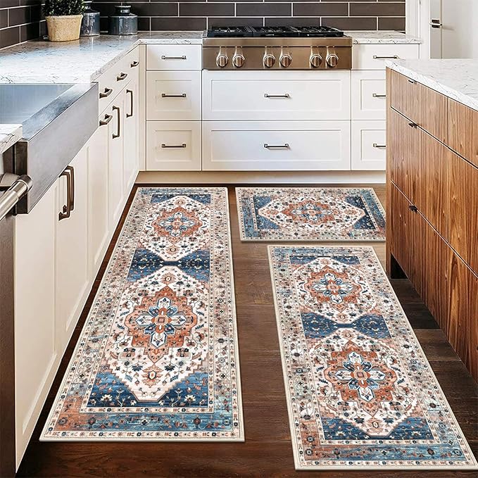 HEBE Boho Kitchen Rug Sets 3 Piece with Runner Non Slip Kitchen Rugs and Mats Washable Kitchen Mats for Floor Thick Kitchen Floor Mat Carpet Runner Rugs for Hallway Laundry Holiday Decor