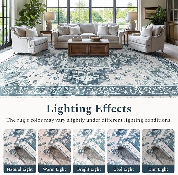 Rugflix 6x9 Area Rug for Living Room, Machine Washable Area Rugs with Non-Slip Backing, Large Soft Boho Vintage Rug for Bedroom, Dining Room, Low Pile Carpet, Kids Pet Friendly, Blue