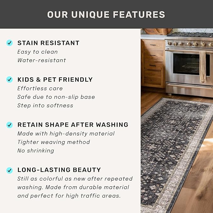 Boho Black Rug for Living Room - Washable 10x14 Area Rug, Dining Room Rugs for Under Table, Soft Low Pile Carpet for Large Bedroom - Farmhouse Decor, Non-Slip & Stain Resistance (10x14 Black/Multi)