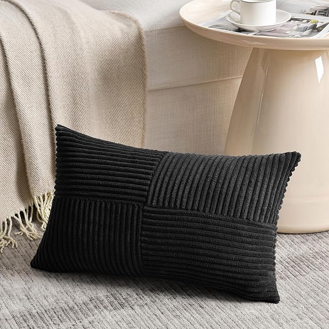 Fancy Homi 2 Packs Black Lumbar Decorative Throw Pillow Covers 16x28 Inch for Living Room Couch Bed Sofa, Rustic Farmhouse Boho Home Decor, Soft Striped Corduroy Rectangle Accent Cushion Case 40x70 cm
