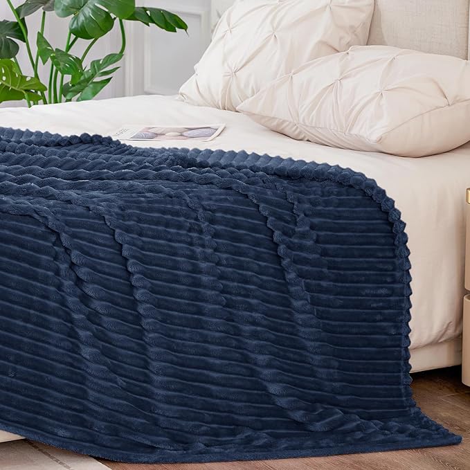 BEDELITE Fleece Blanket Queen Size – 3D Ribbed Jacquard Soft and Warm Decorative Fuzzy Blankets – Cozy, Fluffy, Plush Lightweight Throw Blankets for Couch, Bed, Sofa(Navy Blue, 90x90 inches)