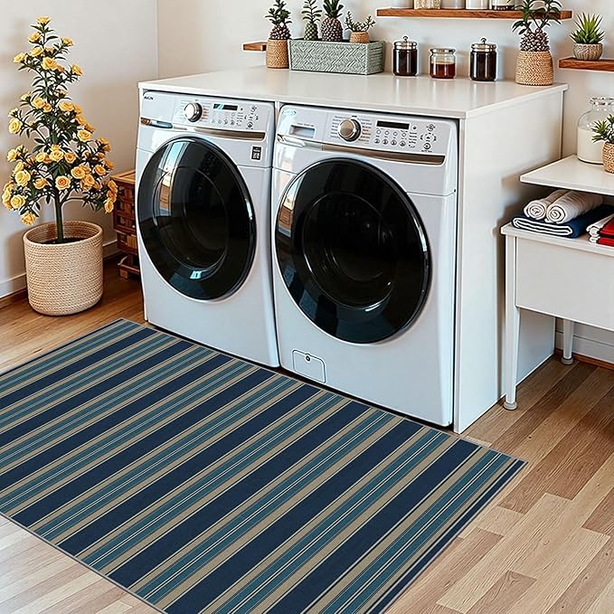 3x5 Striped Entry Rug - Small Washable Indoor Outdoor Mats for Front Door Non-Slip Porch Rug Navy Blue Coastal Throw Rugs for Bedroom Entryway Kitchen Office Welcome Layer Doormat Decor