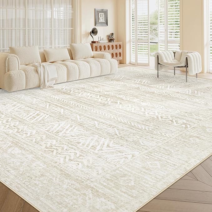Living Room Rugs 10x14: Washable Moroccan Geometric Boho Rug Farmhouse Non Slip Stain Resistant Large Rug Low Pile Soft Carpet for Bedroom Dining Room Kids Room (Ivory Beige,10'x14')