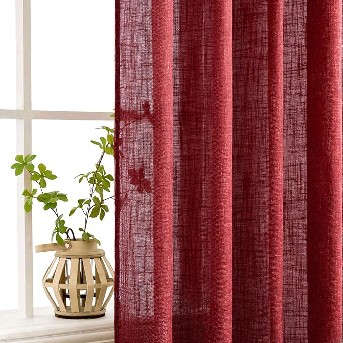 MIULEE Burgundy Red Kitchen Curtains 24 Inch Length 2 Panels, Soft Thick Linen Textured Semi Sheer Light Filtering Short Cafe Tier Curtains for Small Half Window Back Tab Rod Pocket Christmas Decor