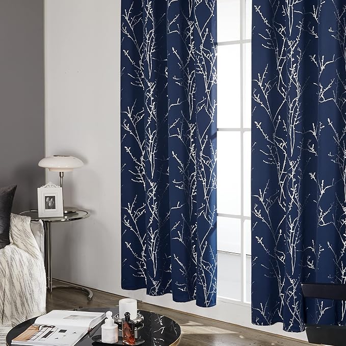 Deconovo Blackout Curtains, Navy Blue Curtain, Thermal Insulated Soundproof Drapes, Branch Silver Print, 52 x 95 Inch Long, Machine Washable Grommet Panels for Bedroom Living Room Office, Set of 2