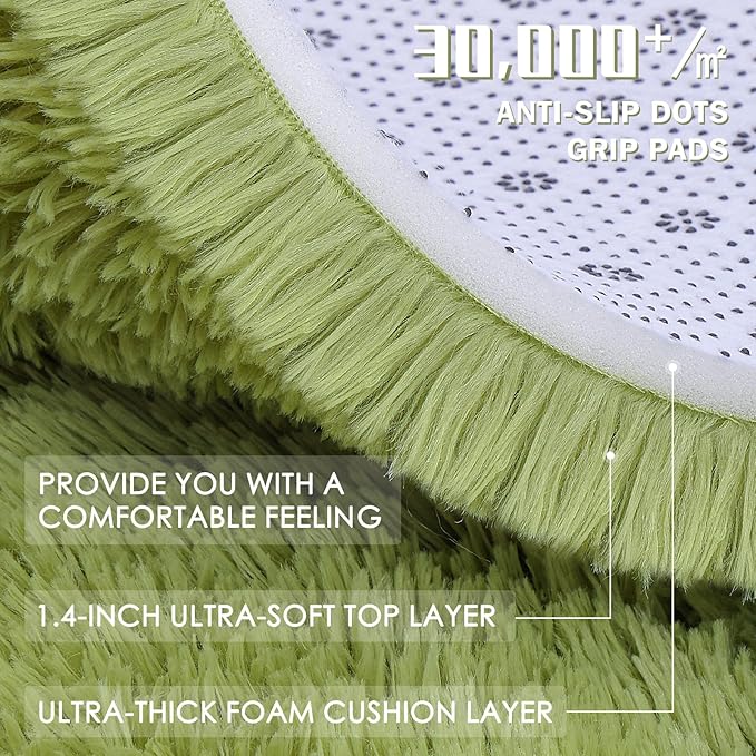 OLANLY Grass Green Round Rugs for Bedroom - Machine Washable, 6 ft Circle Area Rugs for Living Room, Soft and Fluffy Shaggy Carpet for Teen Girls and Boys, Nursery Rooms, Dorms, Home Decor Aesthetic