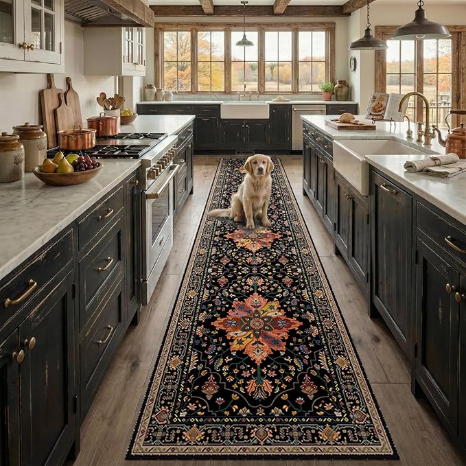 RELEANY Area Rugs 3'x12' Runner Rug Non Slip Washable for Kitchen Hallway Bedroom Beside Laundry Room Bathroom Rug, Floor Carpet, Black Colorful Floral Dark Tan