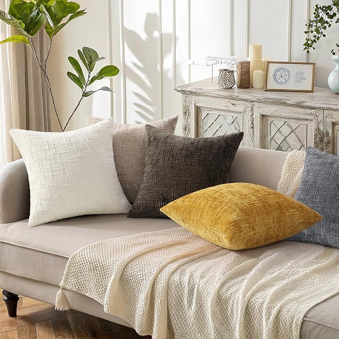 decorUhome Summer Cream White Chenille Throw Pillow Covers 20x20 Set of 2 Textured Soft Cozy Slubby Couch Pillow Covers Modern Farmhouse Boho Decorative Pillow Cases for Bed Sofa Living Room
