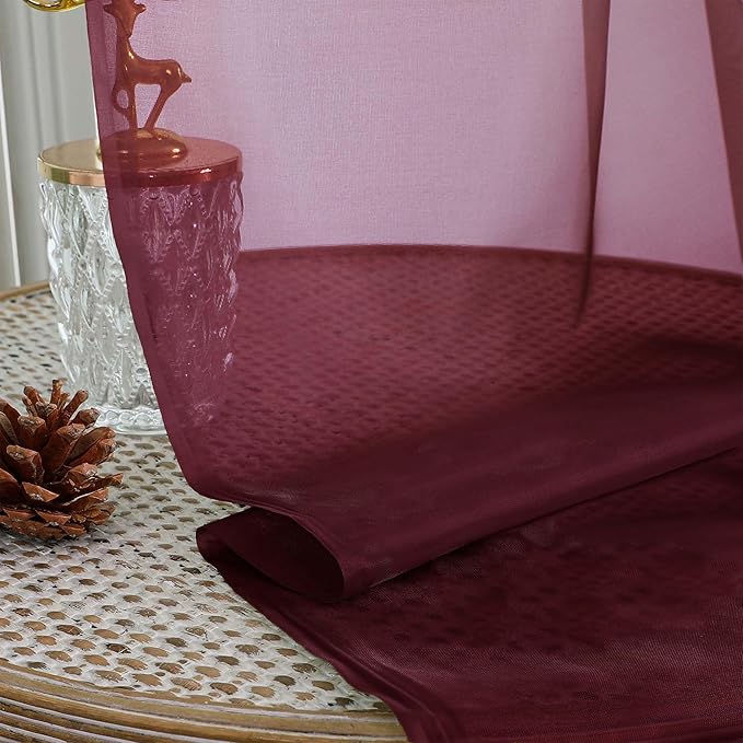 OWENIE Sheer Curtains 2 Panels Set for Bedroom Living Room, Soft Solid Rod Pocket Light Filtering Window Treatment, 2Pcs Each 59" W x 96" L, Burgundy Wine