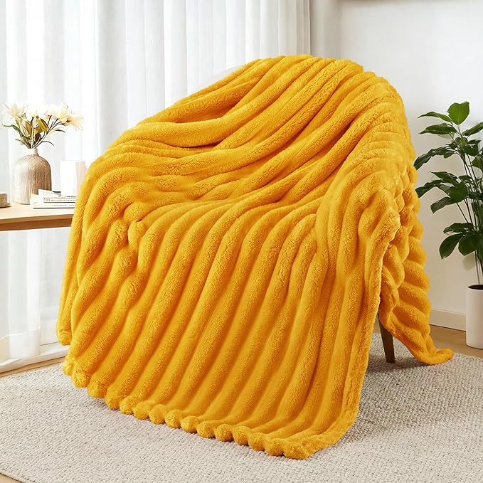 Exclusivo Mezcla Fleece Throw Blanket for Couch, Super Soft Striped Jacquard Bed Blanket, Lightweight Fuzzy Cozy for All Seasons, 50x60 Inches, Mustard Yellow
