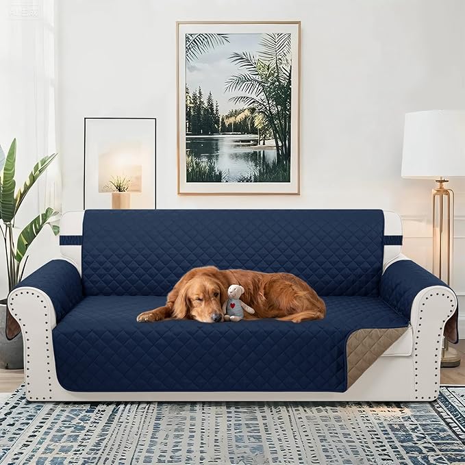 Reversible 4 Seater Sofa Cover 91 Inch Large Couch Cover Furniture Protector(Sofa XX-Large,Navy/Camel)