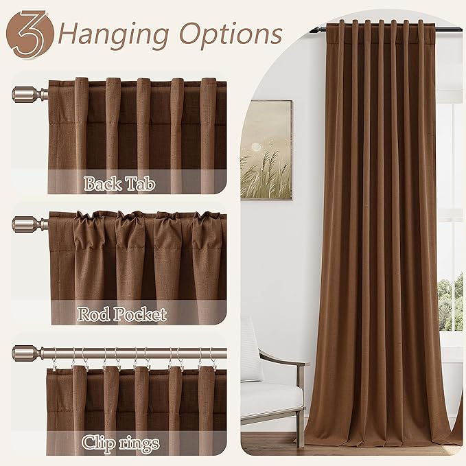 Guken 100% Blackout Linen Curtains 108 Inch Length 2 Panels Set for Living Room Bedroom Back Tab Thermal Insulated Black Out Linen Drapes Room Darkening Window Curtains,Caramel Brown