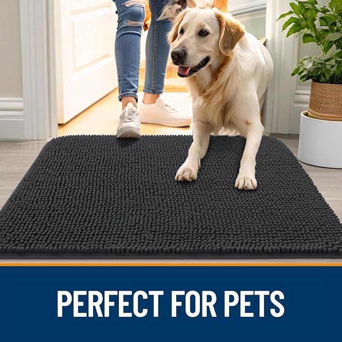 OLANLY Dog Door Mat for Muddy Paws 59x20, Absorbs Moisture and Dirt, Absorbent Non-Slip Washable Doormat, Quick Dry Chenille Mud Mat for Dogs, Entry Indoor Entryway Carpet for Inside Floor, Dark Grey