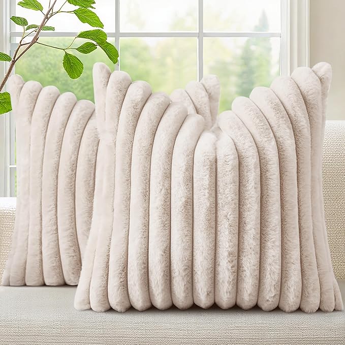 decorUhome Summer Cozy Faux Fur Throw Pillow Covers 18x18 Set of 2 Decorative Soft Plush Striped Modern Farmhouse Boho Couch Pillow Cases with Velvet Back for Sofa Bed Living Room, Beige