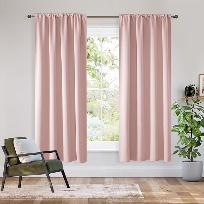 RYB HOME Bedroom Blackout Curtains 63 inches Long, 100% Blackout Thermal Insulated Noise Reducing Curtains for Living Room Nursury, 34 inches Wide by 63 inches Long, Baby Pink