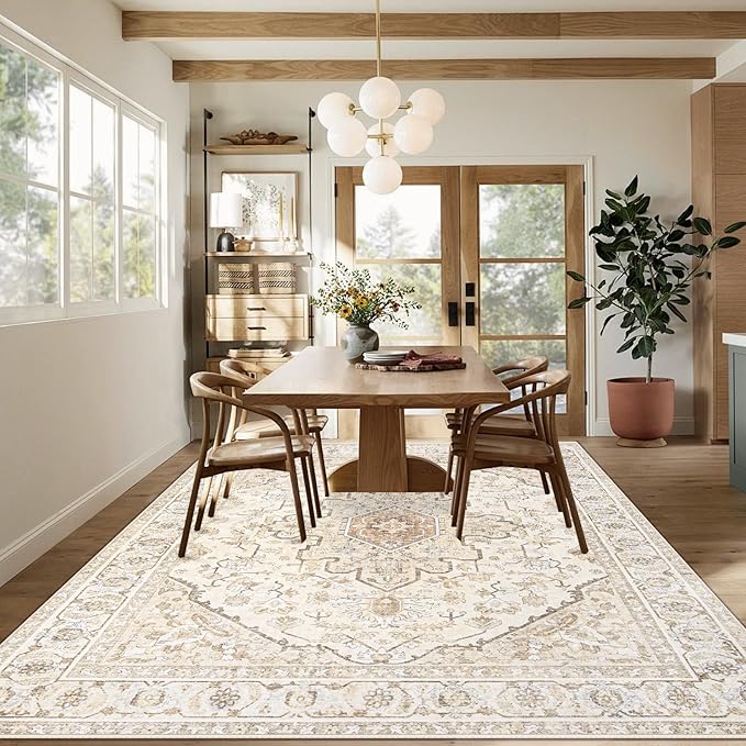 Area Rugs 9x12 Vintage Rug: Large Washable Living Room Rug Retro Medallion Distressed Soft Low Pile Non-Slip Indoor Floor Carpet for Bedroom Dining Table Office (BeigeBrown,9'x12')